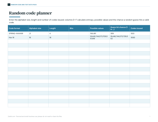 Preview of Printable Random Code Planner