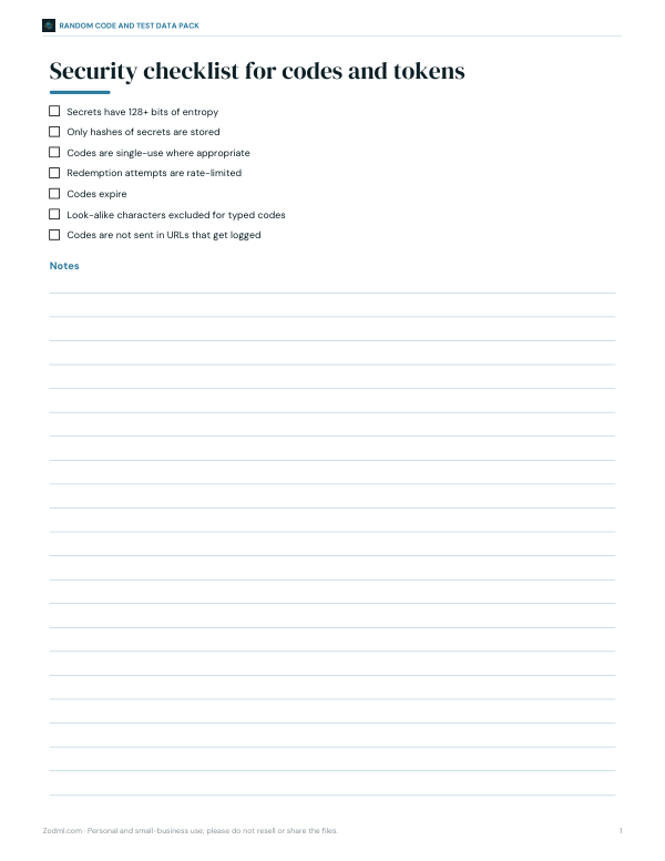 Preview of Printable Security Checklist for Codes