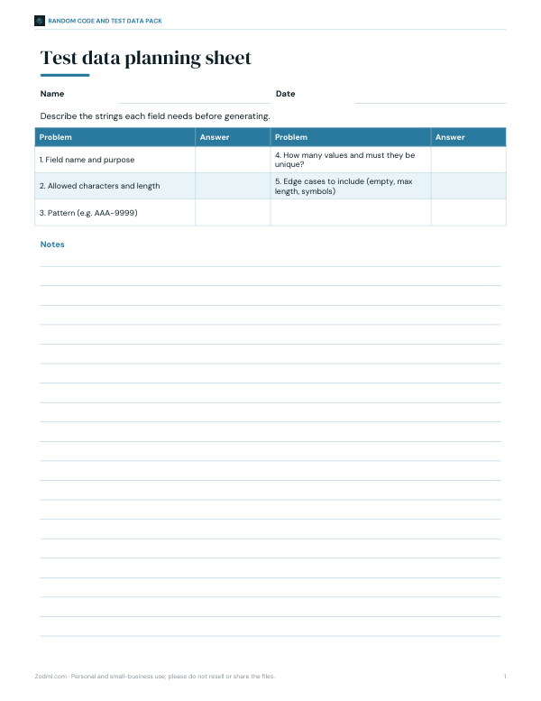 Preview of Printable Test Data Planning Sheet